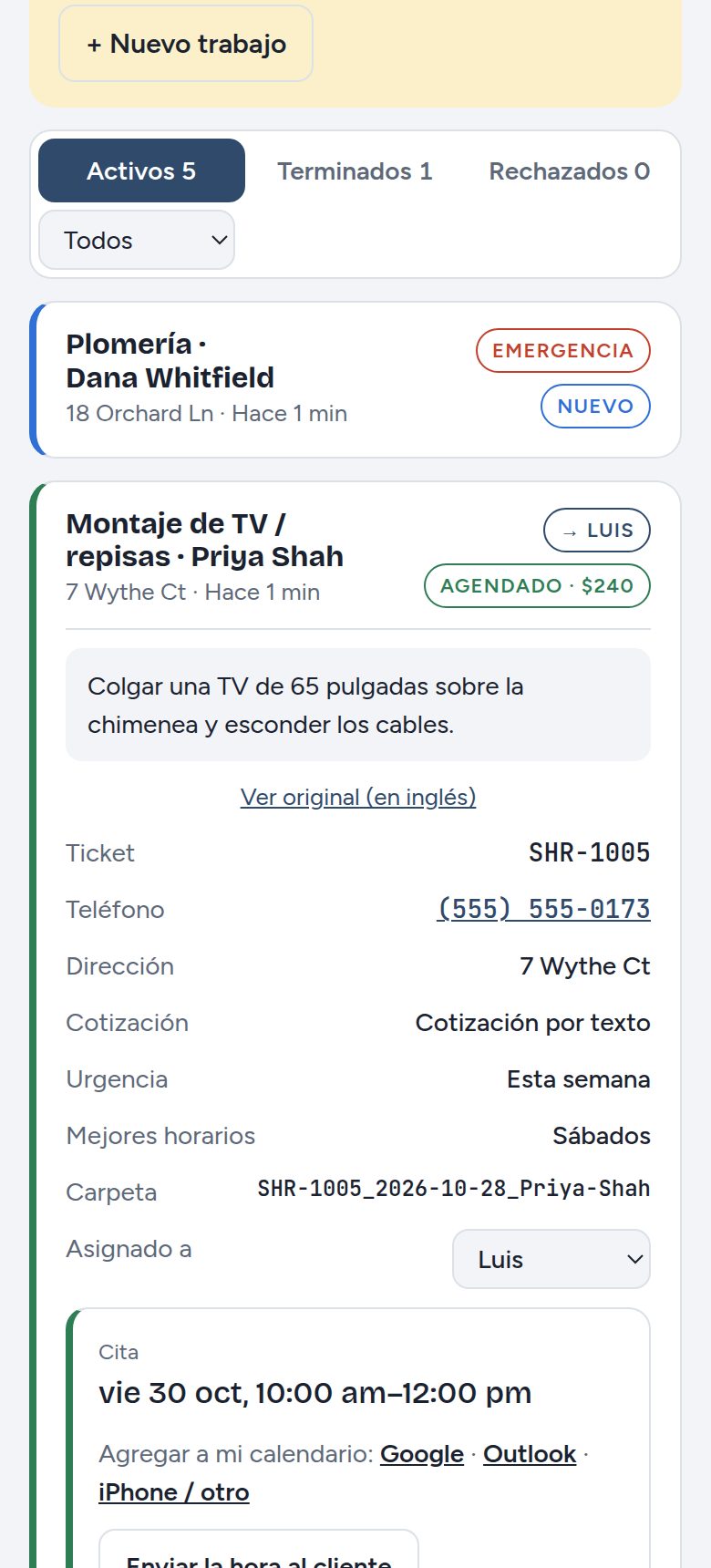 Bandeja con trabajos asignados a un empleado y un filtro por persona