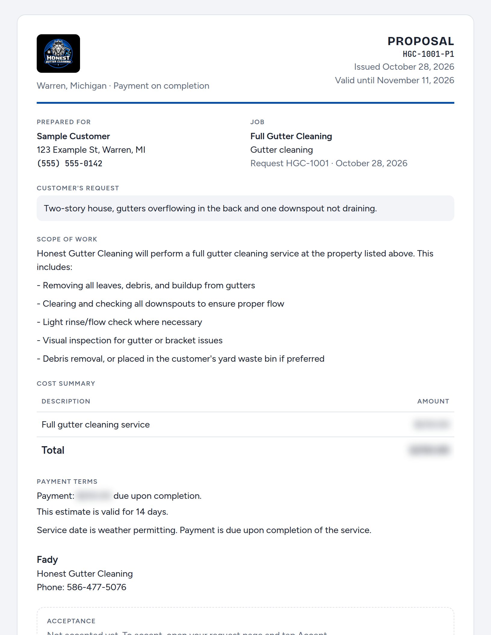 Honest Gutter Cleaning proposal: scope of work, cost summary and payment terms