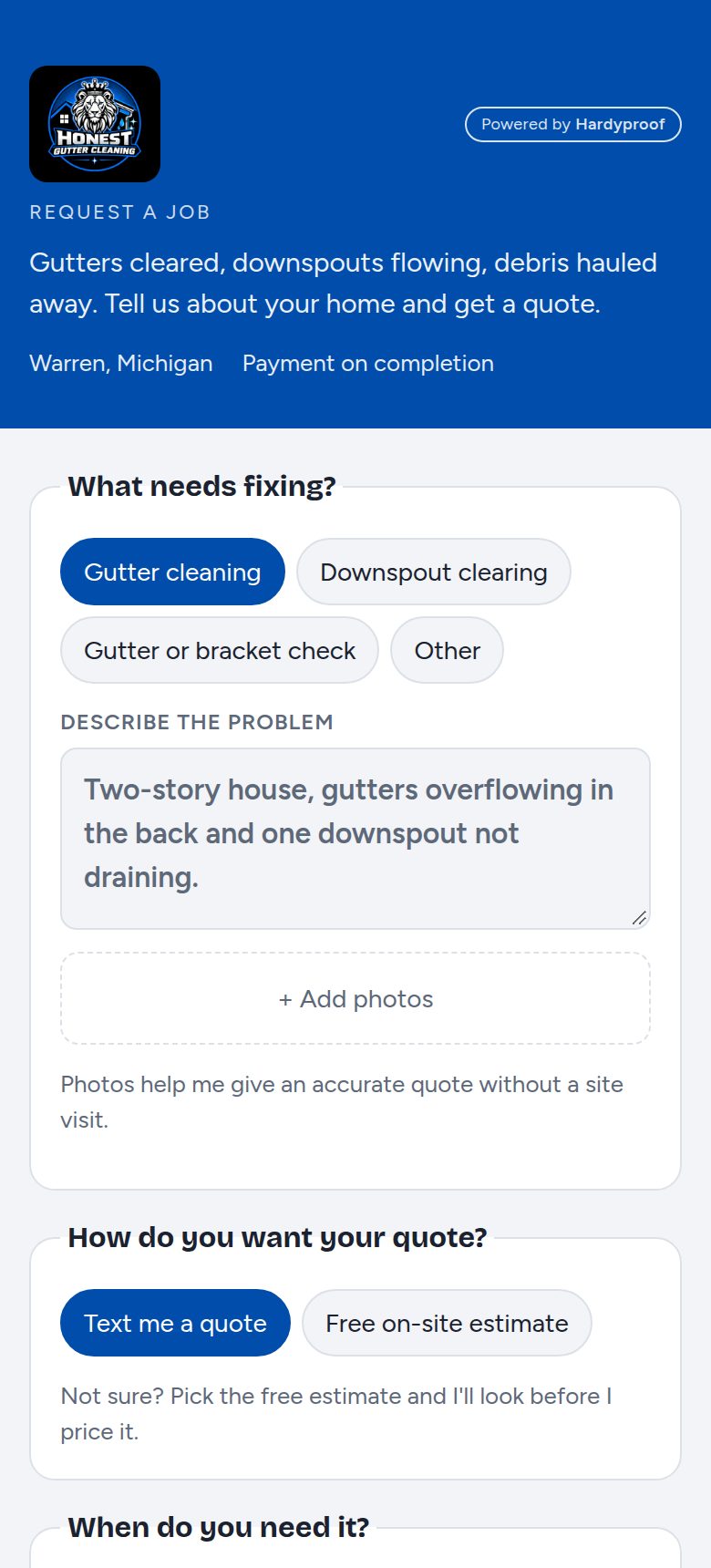 Formulario de Honest Gutter Cleaning con tipos de trabajo de canaletas