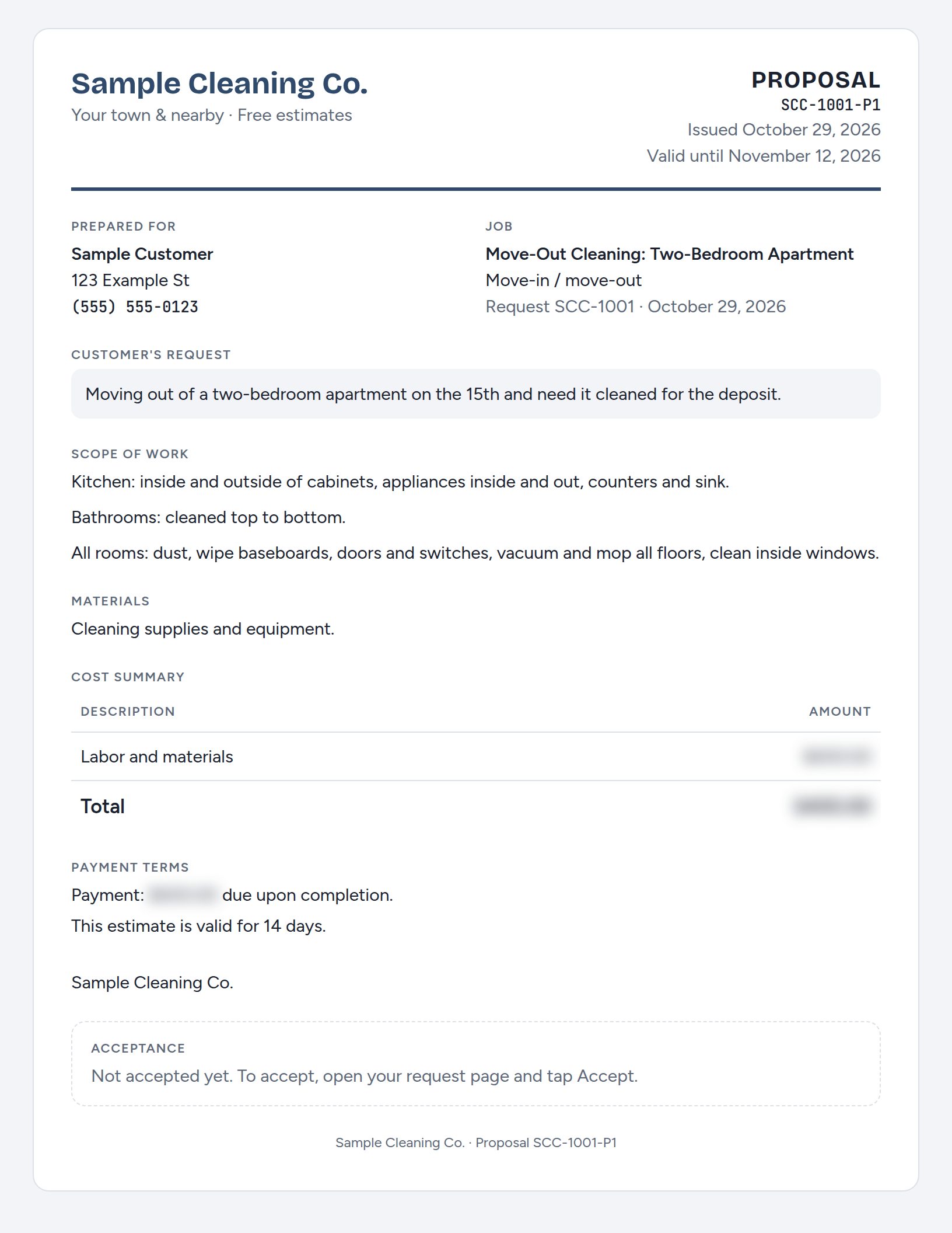 Sample move-out cleaning proposal: checklist and payment terms