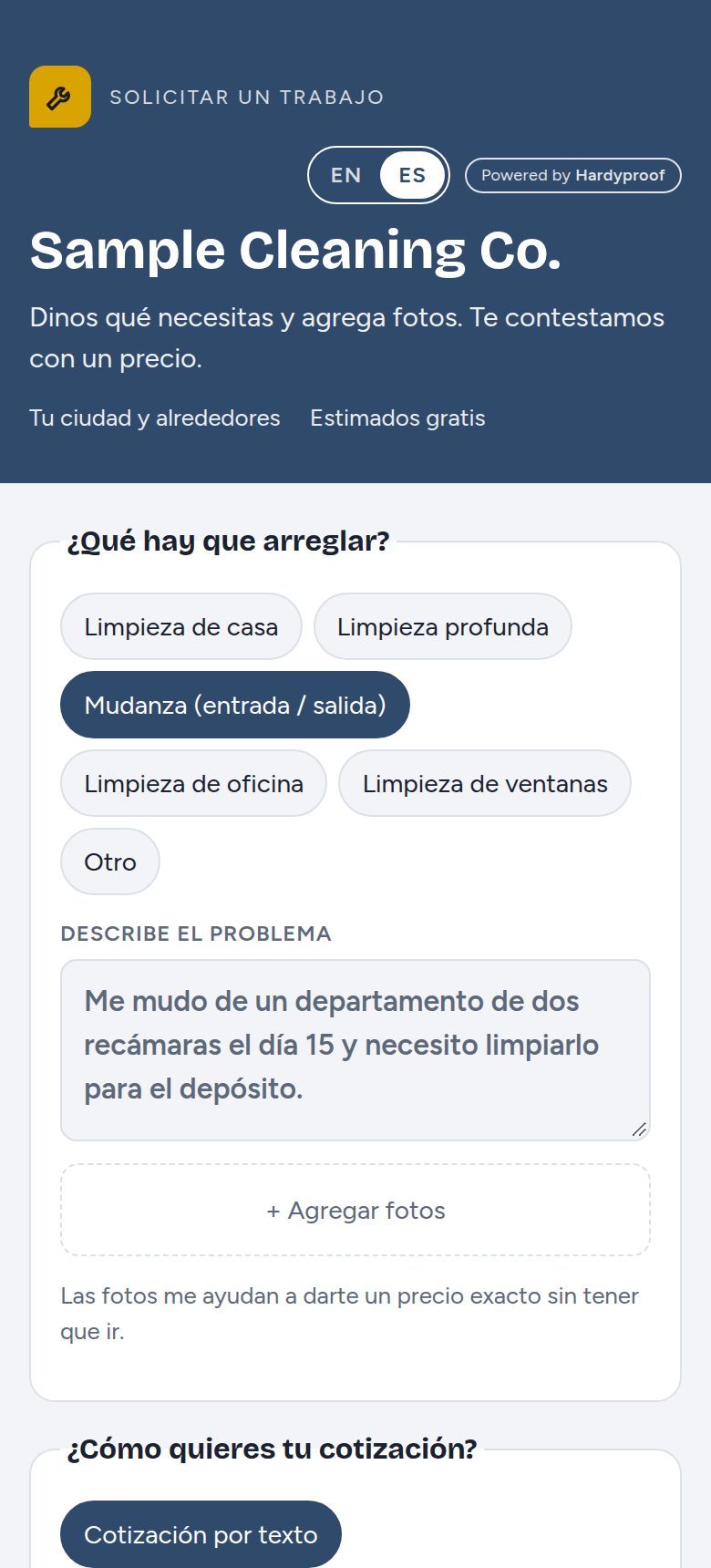 Formulario de una empresa de limpieza de ejemplo con tipos de limpieza