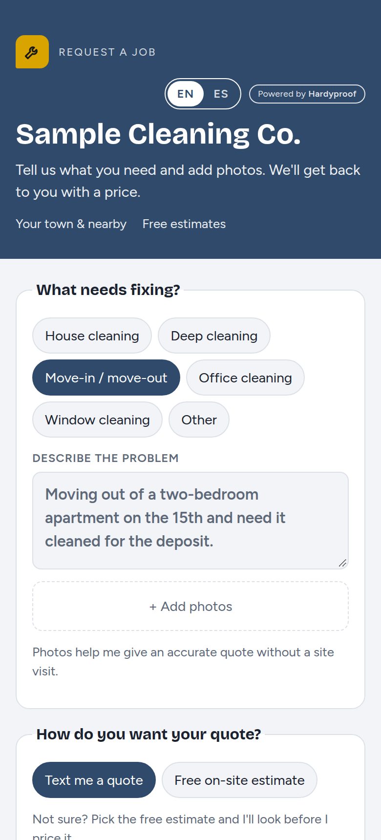 A sample cleaning company's request form with cleaning job types