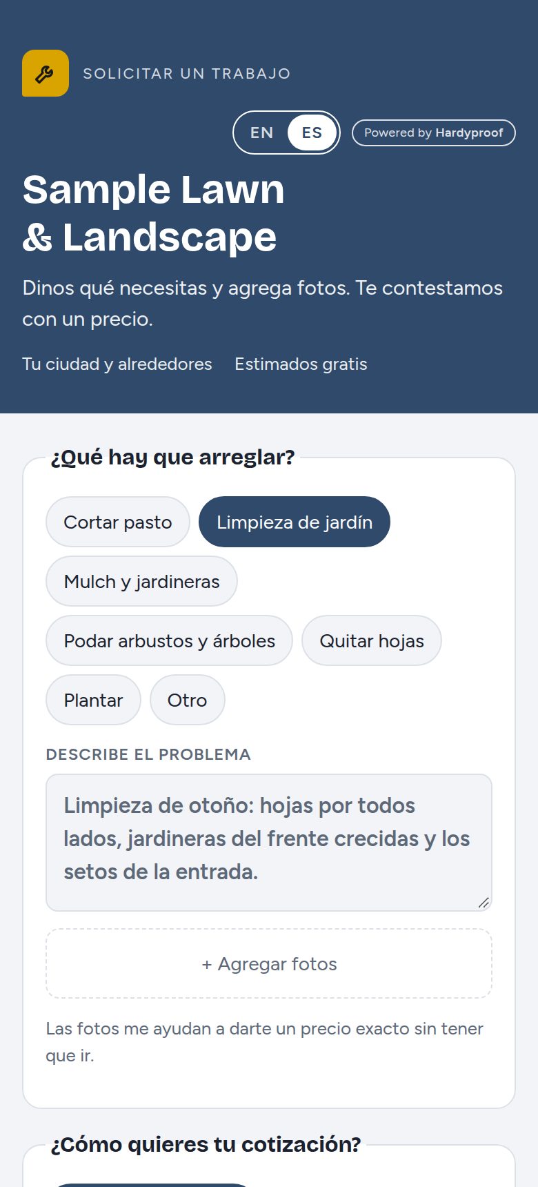 Formulario de una empresa de jardinería de ejemplo con tipos de trabajo de jardín