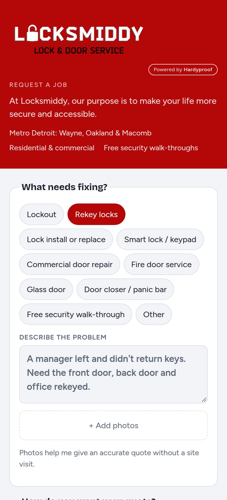 Locksmiddy's request form with locksmith job types in red and charcoal