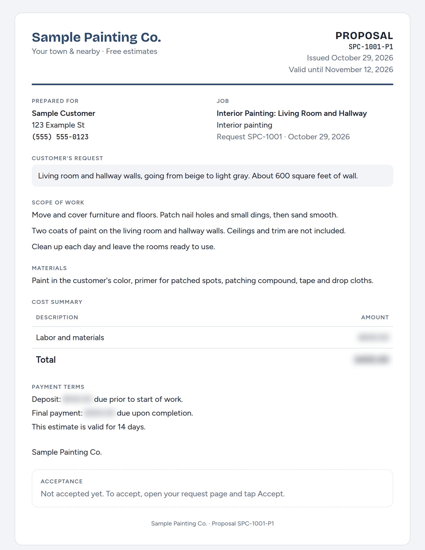 Sample painting proposal: rooms, coats, prep work and payment terms