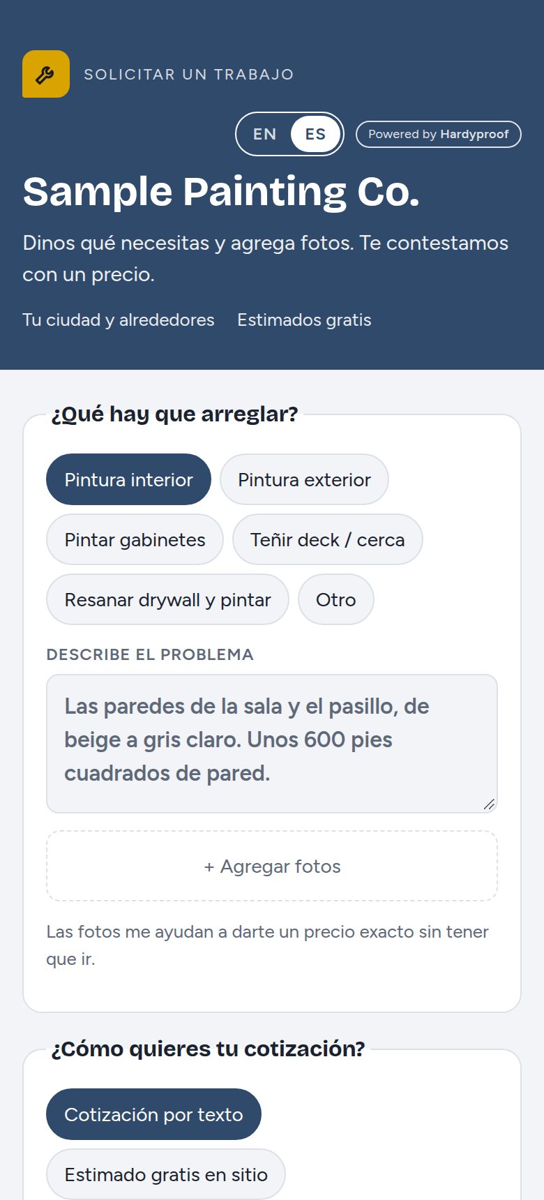 Formulario de una empresa de pintura de ejemplo con tipos de trabajo de pintura