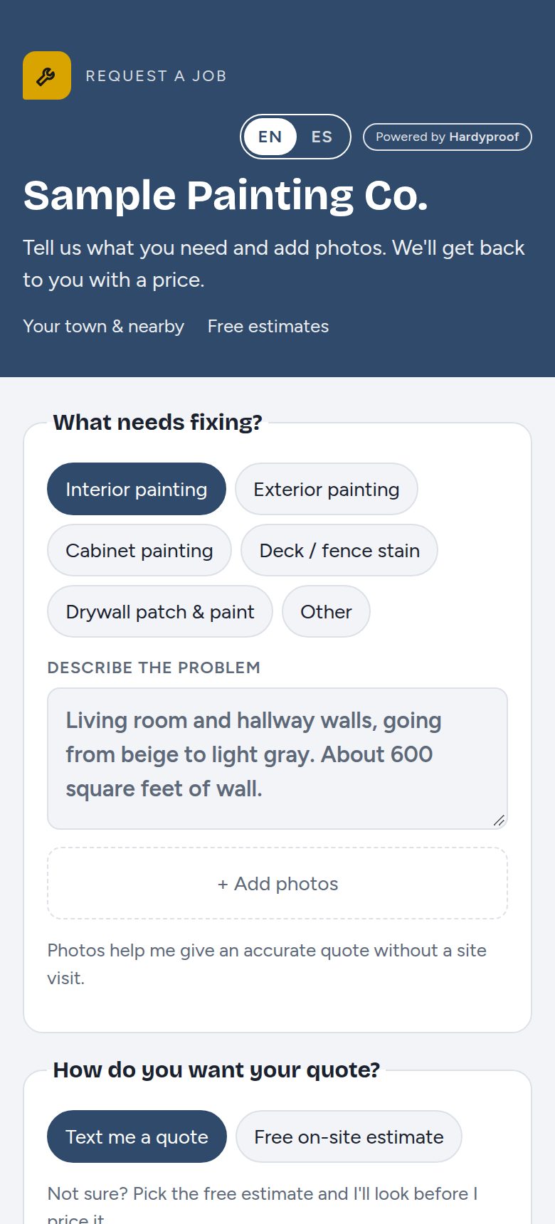 A sample painting company's request form with painting job types