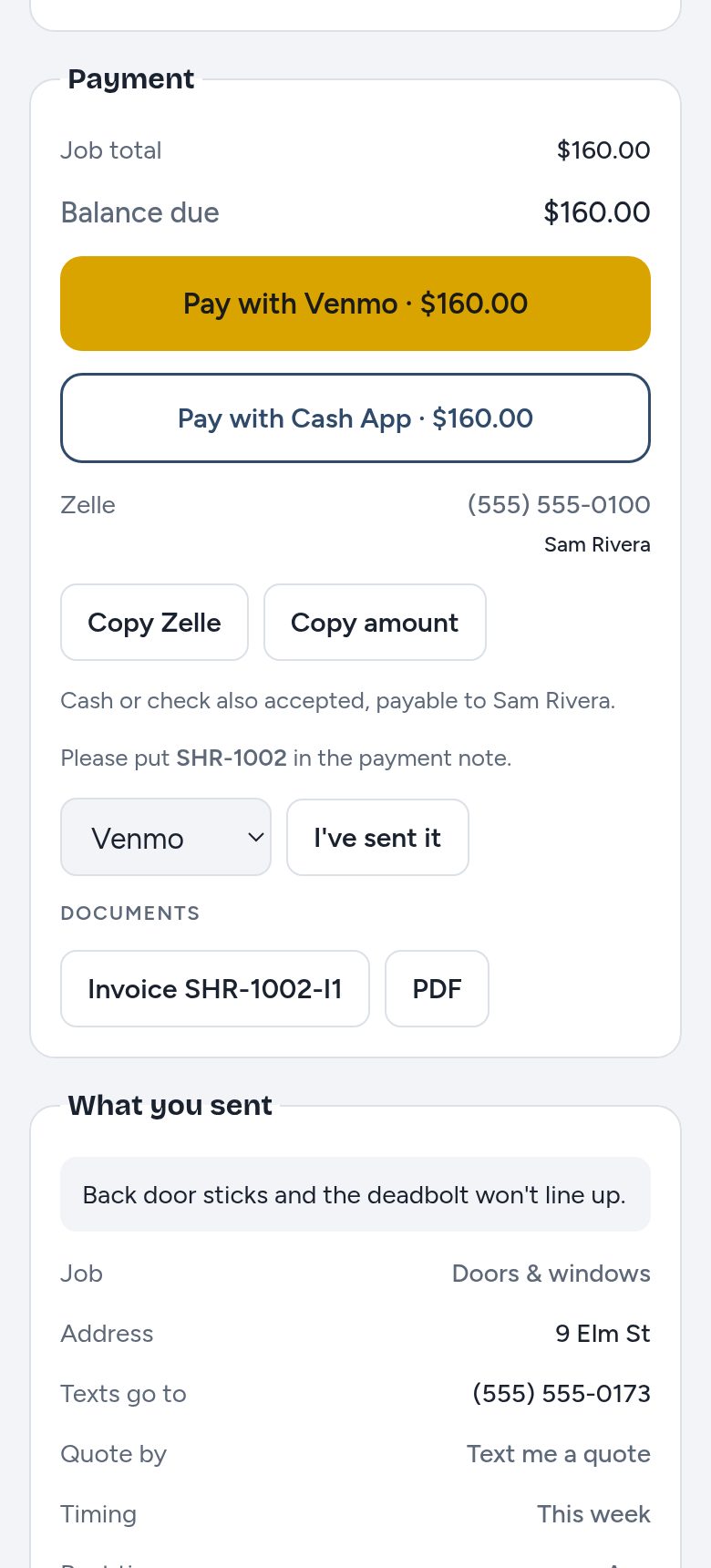 Customer's payment section with pay buttons, Zelle details and an invoice