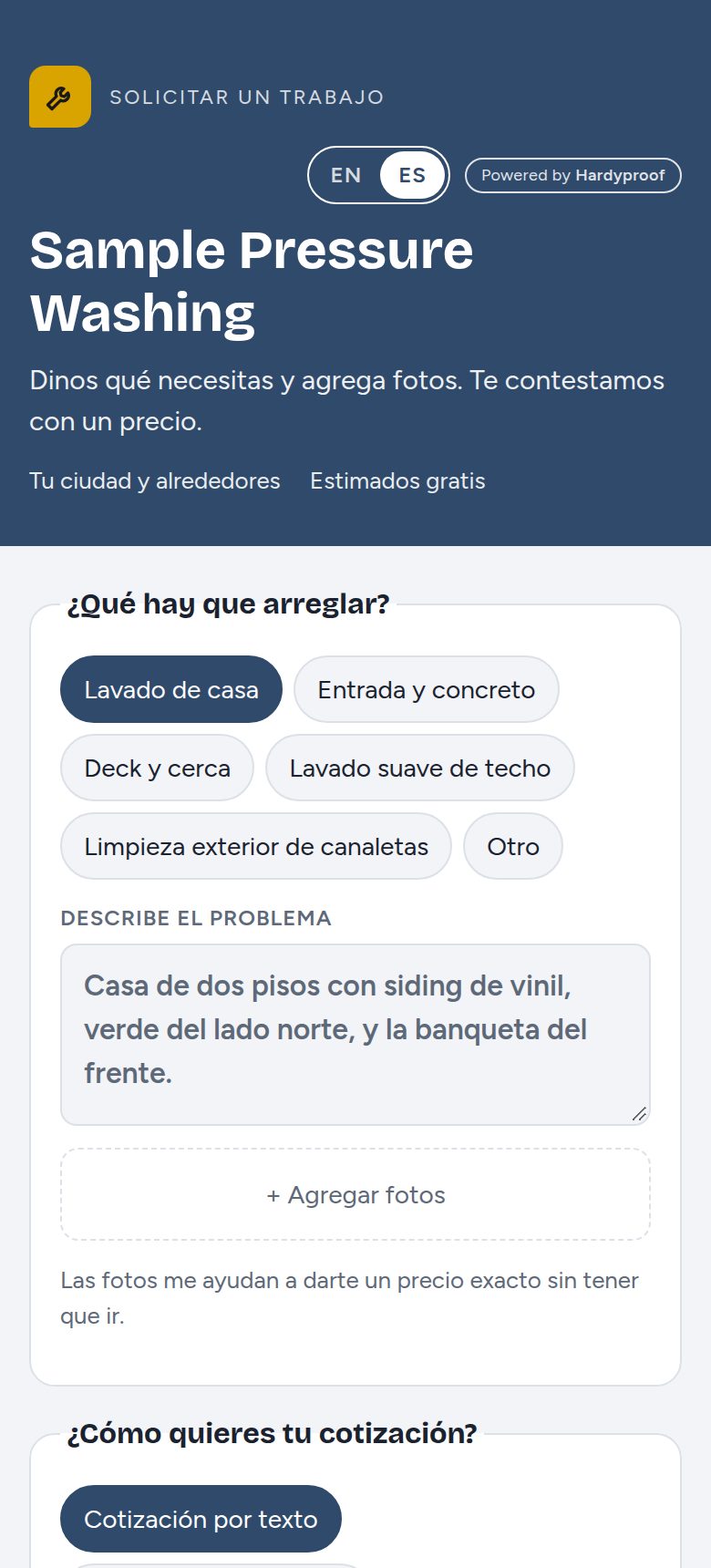 Formulario de una empresa de lavado a presión de ejemplo con tipos de trabajo