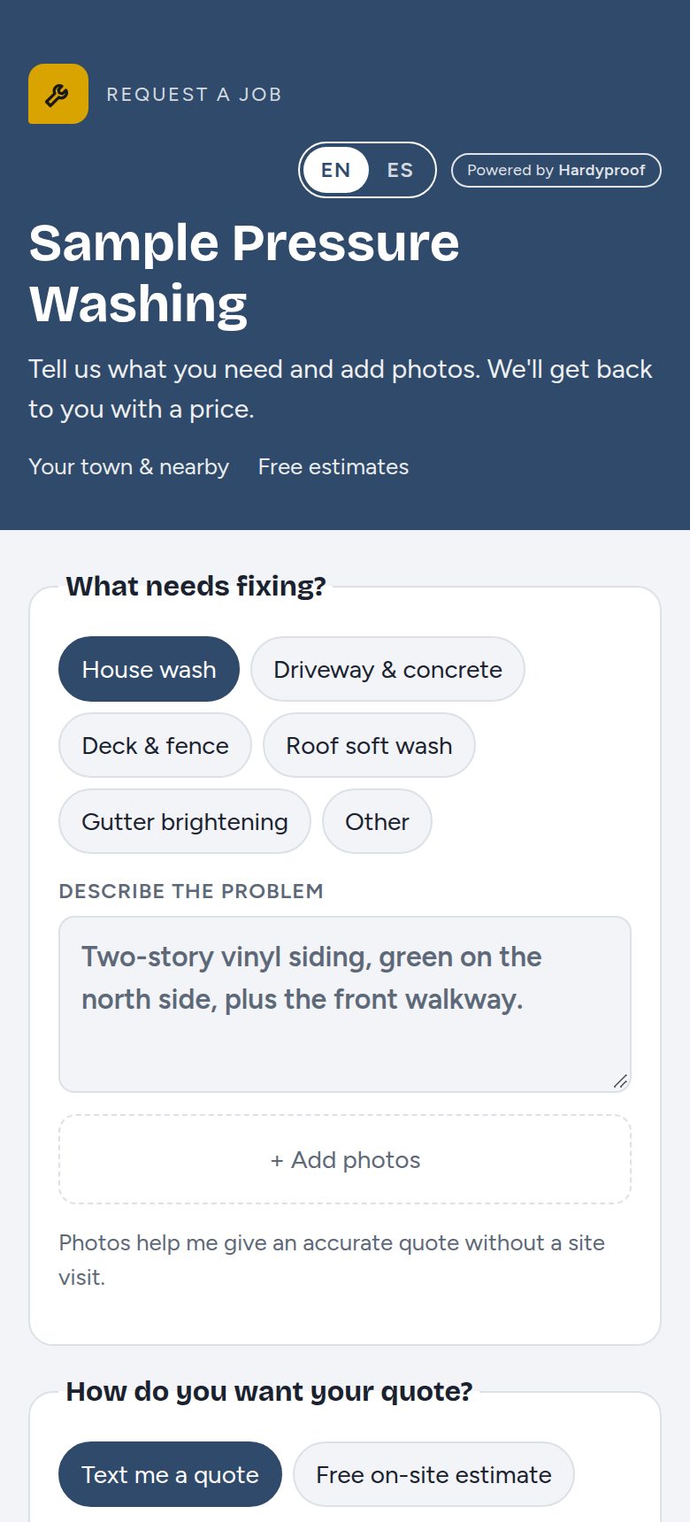 A sample pressure washing company's request form with washing job types