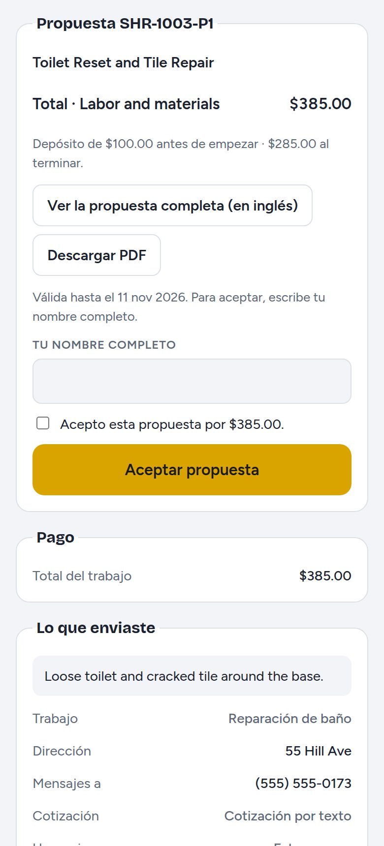 Una propuesta en la página del cliente con el total, el depósito y el botón para aceptar