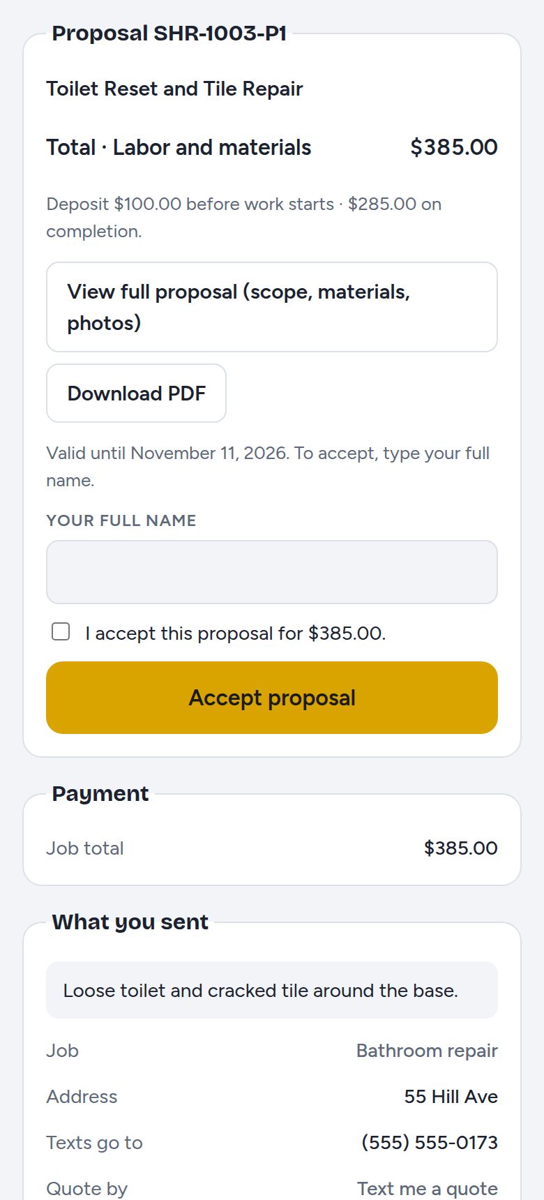A proposal on the customer's page with total, deposit and an Accept proposal button