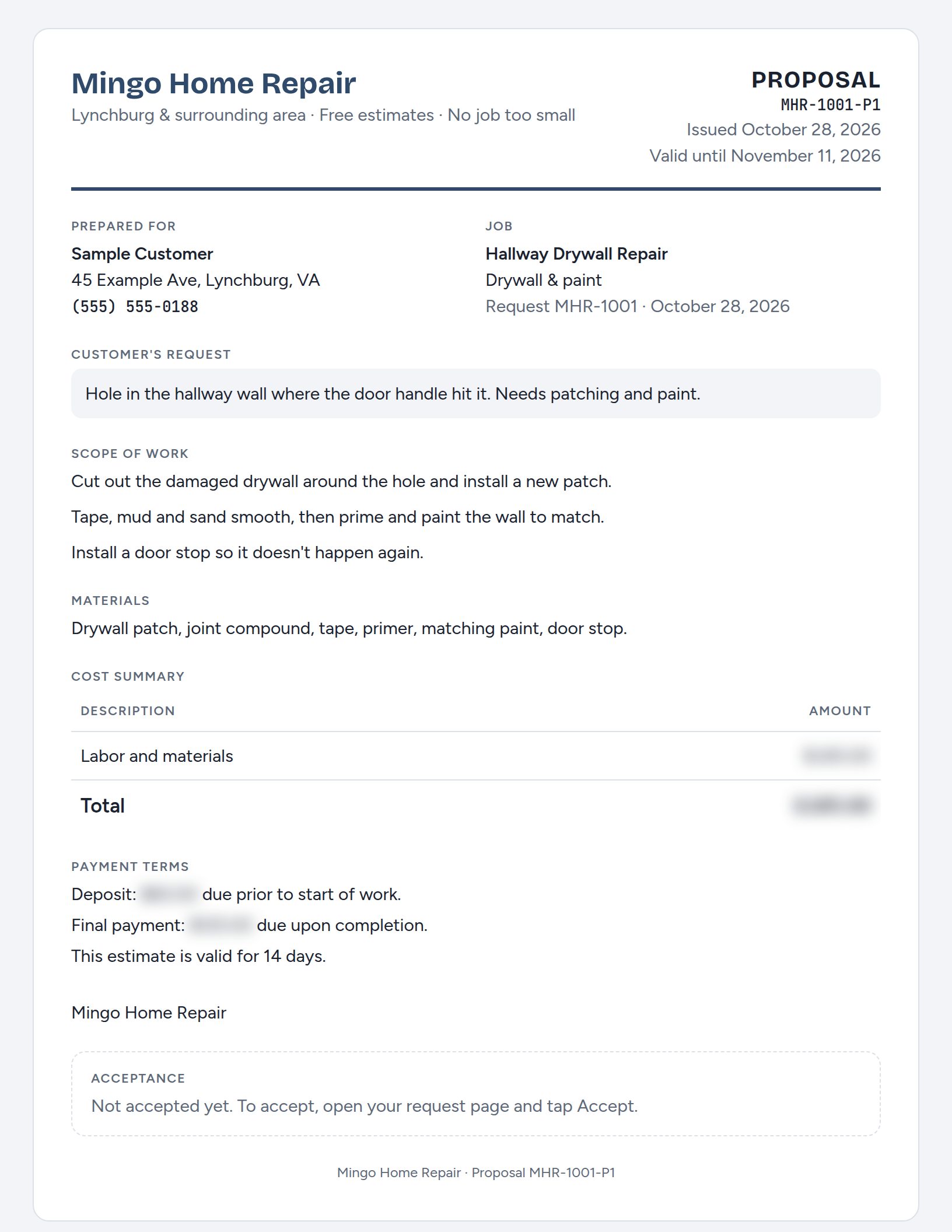 Mingo Home Repair proposal: scope of work, materials, cost summary and deposit terms