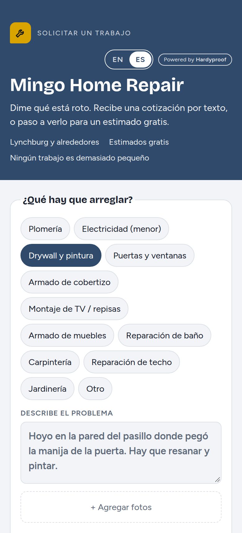 Formulario de Mingo Home Repair en español con tipos de trabajo de reparación