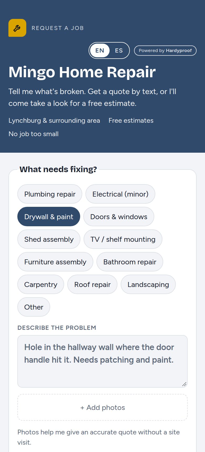 Mingo Home Repair's request form with repair job types