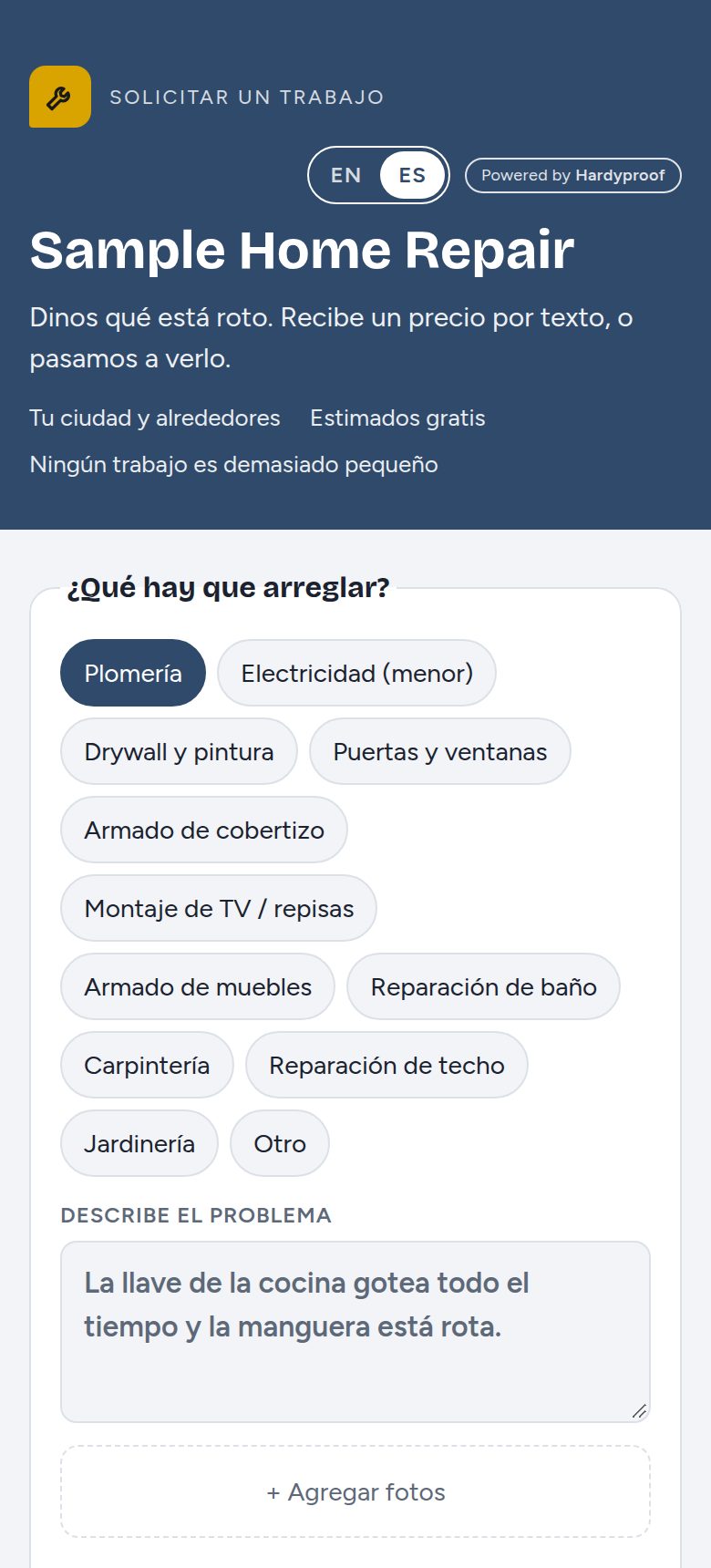 Formulario de solicitud en un celular: tipos de trabajo, descripción del problema y fotos