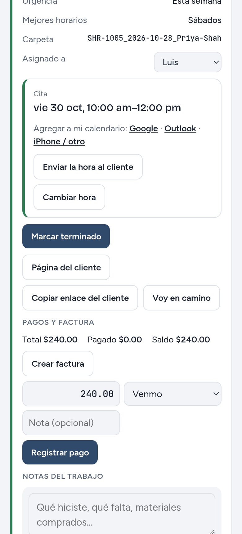 Tarjeta del trabajo con la cita, enlaces para agregar al calendario y el botón para mandar la hora al cliente