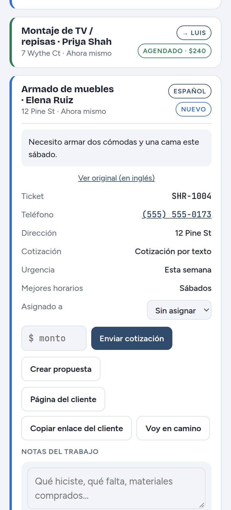 Bandeja en español con la solicitud de un cliente traducida y un enlace al original