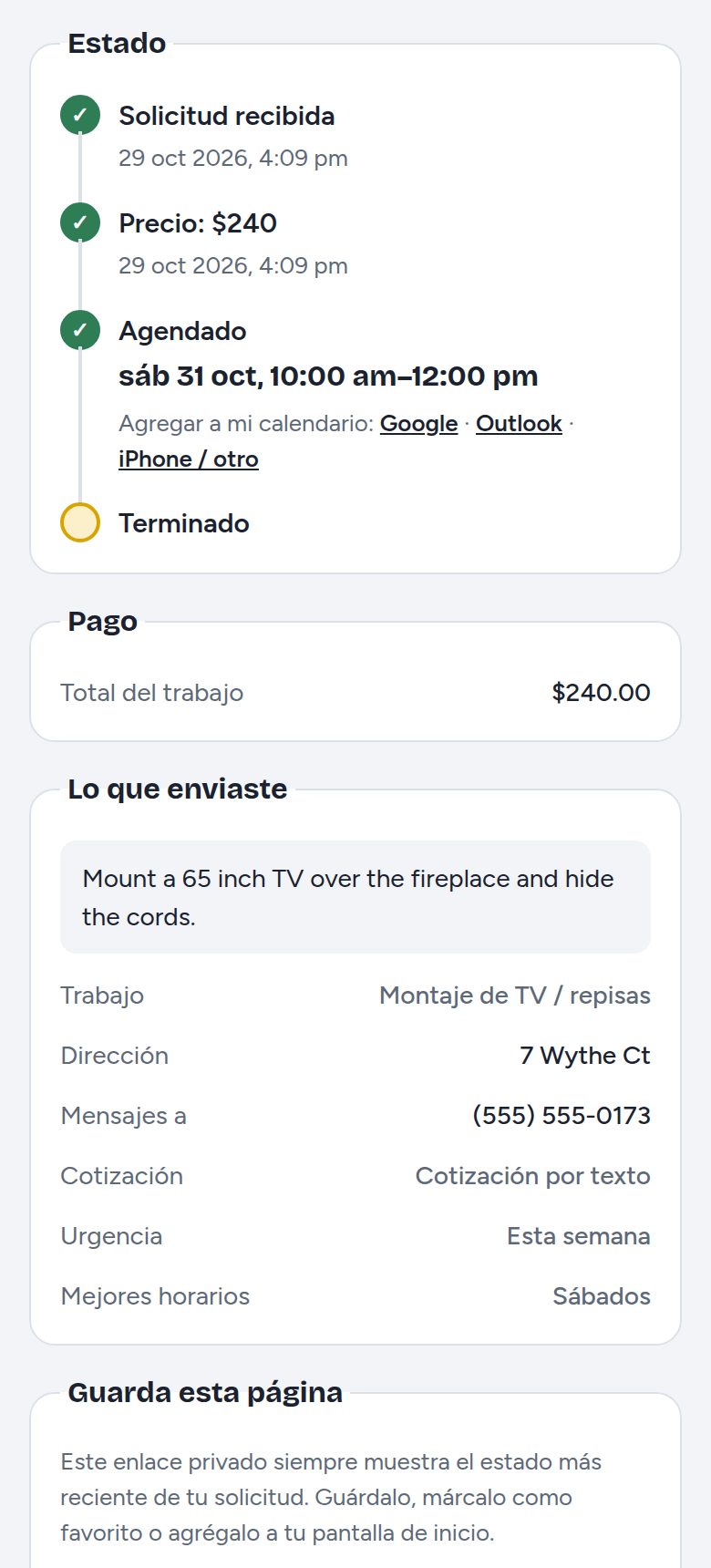 La página de seguimiento de un cliente con cada paso, la cita y los botones para agregarla al calendario