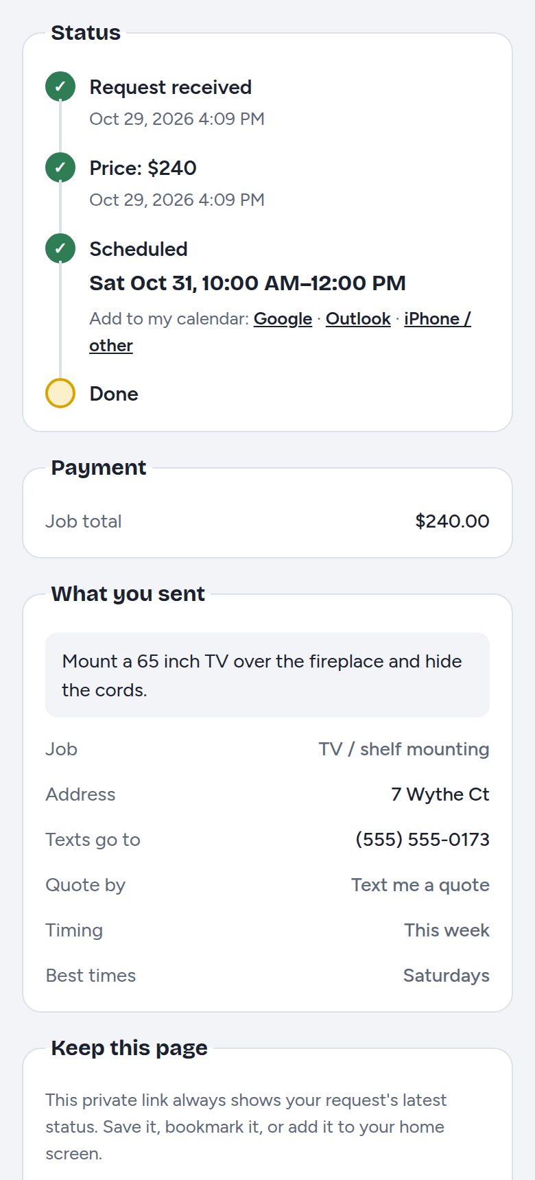 A customer's tracking page showing each step, with the appointment and add-to-calendar links